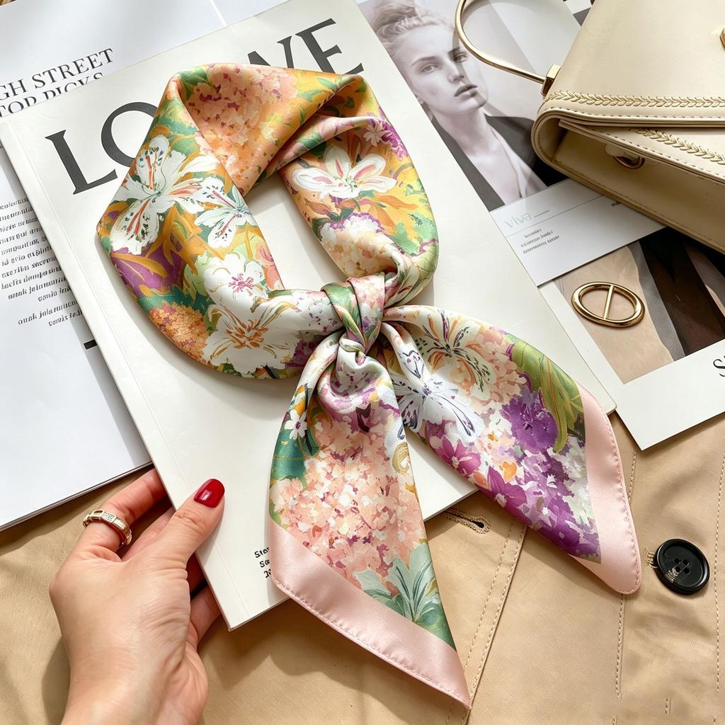 Autumn and winter Maillard cashew square scarf silk scarf women's shirt versatile neck small scarf tied hair decorative scarf