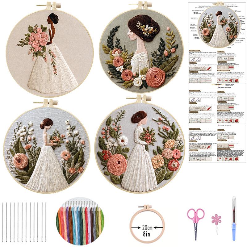 1set Wedding Girl Series Hand Embroidery Material Kit, Cross Stitch Beginner Easy Tutorial and Tools, Handmade Fabric Material Kit