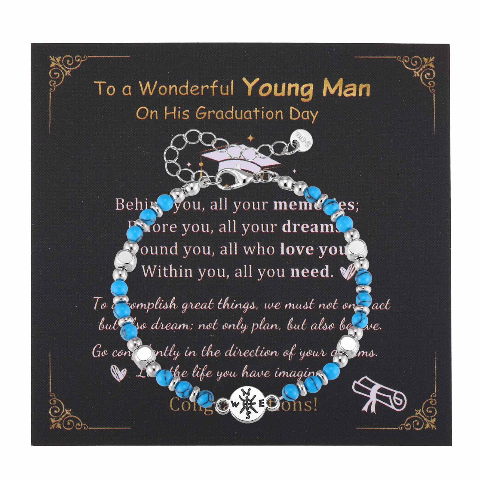 

Class of 2026 Gift Compass Natural Stone Bracelet for Women Stainless Steel Beaded Healing Jewelry Waterproof Inspirational Gift