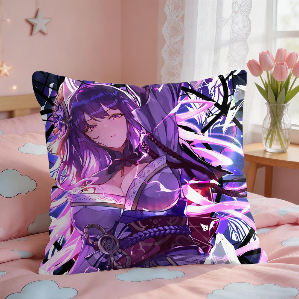 Raiden Shogun Genshin Impact Cushion Cover Square Short Plush Pillow Case Living Room Sofa Home Decor Funda X