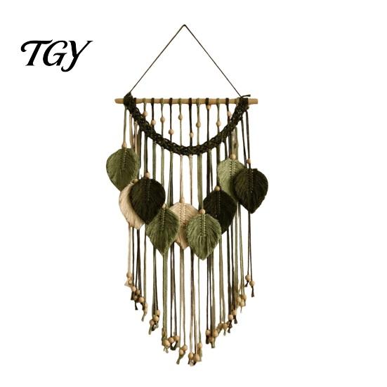 Textured Wall Art for Bedroom Hanging Tapestry, Boho Leaf Decor, Large Tapestry with Wood Beads, Handmade Soft Natural Woven Art, Farmhouse