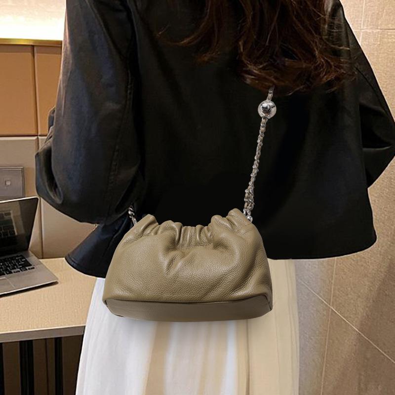Genuine Cowhide Pleated Cloud Bag Soft Leather Dumpling Shoulder Crossbody Bag with Chain