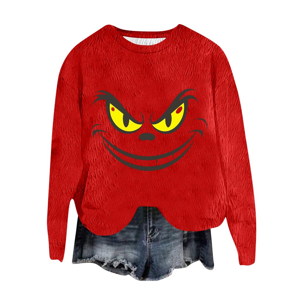 Women's Fashion Round Neck Pullover Top Long Sleeve Tee Christmas Printed Sweatshirt
