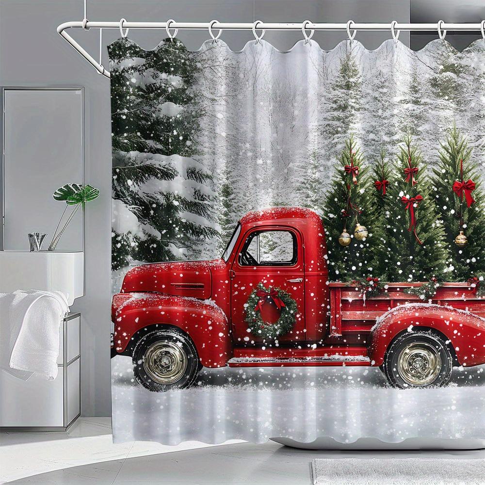 Christmas Truck Winter Scene Shower Curtain Holiday Bathroom Decor Xmas Festive Shower Curtain Waterproof