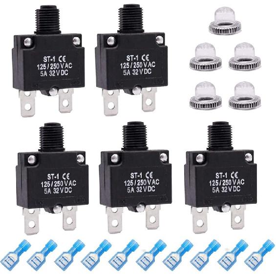 Mxuteuk 5Pcs 3,5,10,15,20Amp Circuit Breakers Push Button Manual Reset 125/250V AC 32V DC,Overload Protector Switch Thermal Circuit Breakers With