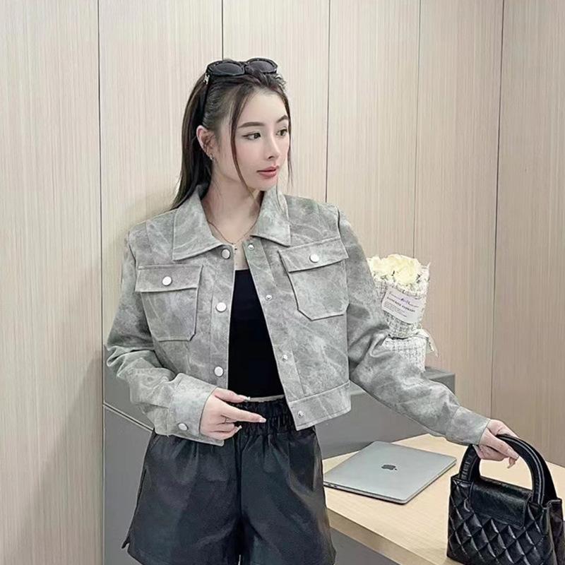 

Американская ретро-осенняя короткая мотоциклетная кожаная куртка женская ранняя осенняя новая куртка из искусственной кожи с принтом тай-дай XL