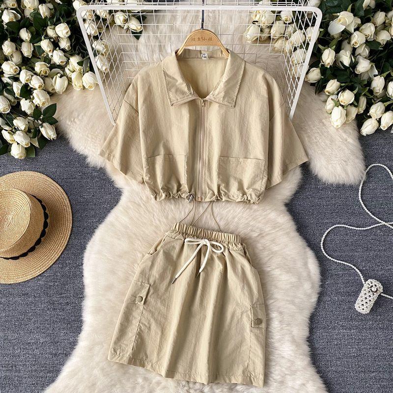 

Sweet Cool Casual Suit Zipper Short Sleeve T-Shirt Drawstring Apricot color One size