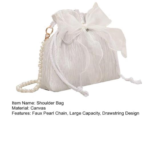 Women Single Shoulder Bag with Detachable Faux Pearl Chain Large Capacity Drawstring Handbag Purse Tulle Bowknot Crossbody Pouch