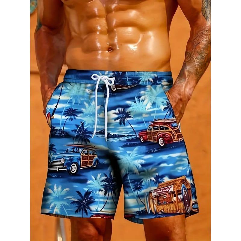 Summer Men's Tropical Floral Print Beach Shorts Quick Dry Drawstring Swim Trunks