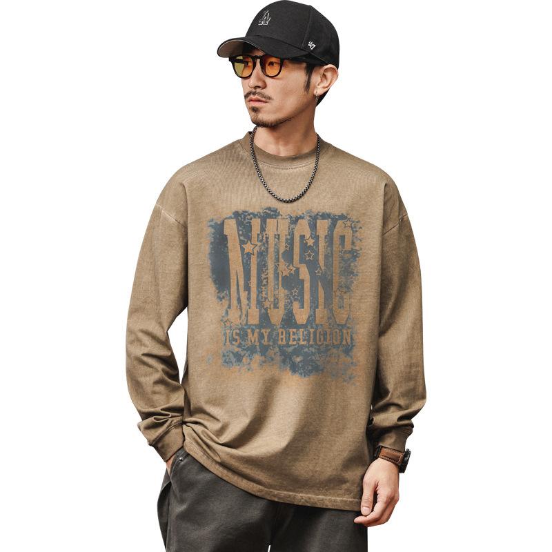 Fat Crew Neck American Vintage Pattern Printed Men's T-Shirt--Lightweight and wrinkle-resistant, versatile commuter long-sleeved sweater