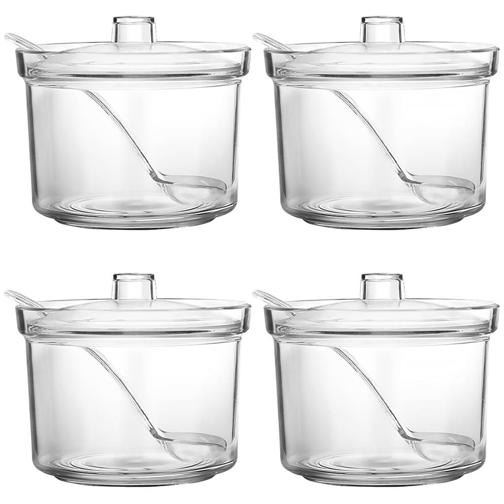 KoMvzyl 4-Piece Countertop Clear Sugar Holder Dispenser with Lid and Spoon, Includes Tags, for Condiments, Candy, Coffee, Tea, Spices, and Herbs
