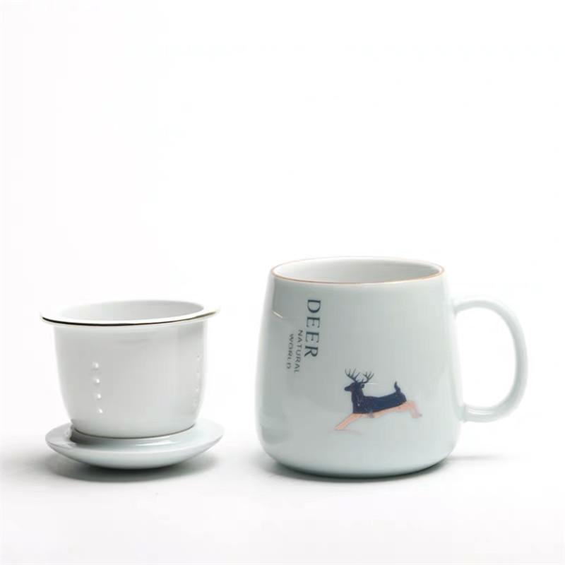 Tazza da tè con filtro in ceramica Coppia di bicchieri semplici e di grande capacità Tazza da caffè per la casa con coperchio Tazza per la separazione del tè da ufficio in porcellana