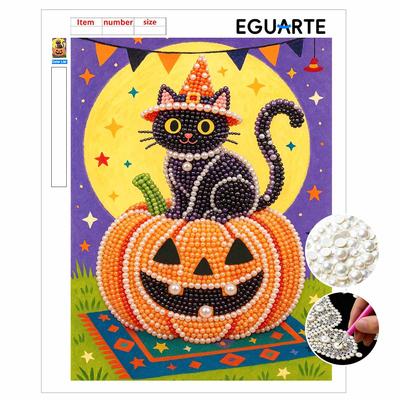 Halloween Pearl Painting Set Black Cat Pumpkin 5D DIY Pearl Art Home Bedroom Wall Decor Handmade Gift Crafts for Adults Wall Art