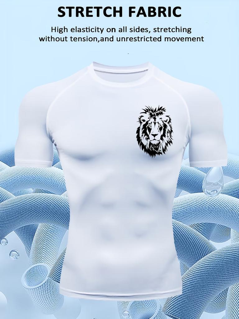 Mens Compression Short Sleeve T-Shirt White Lion Head Graphic Stretch Fabric Quick Dry Breathable High Elasticity Gym And Running Athletic Top