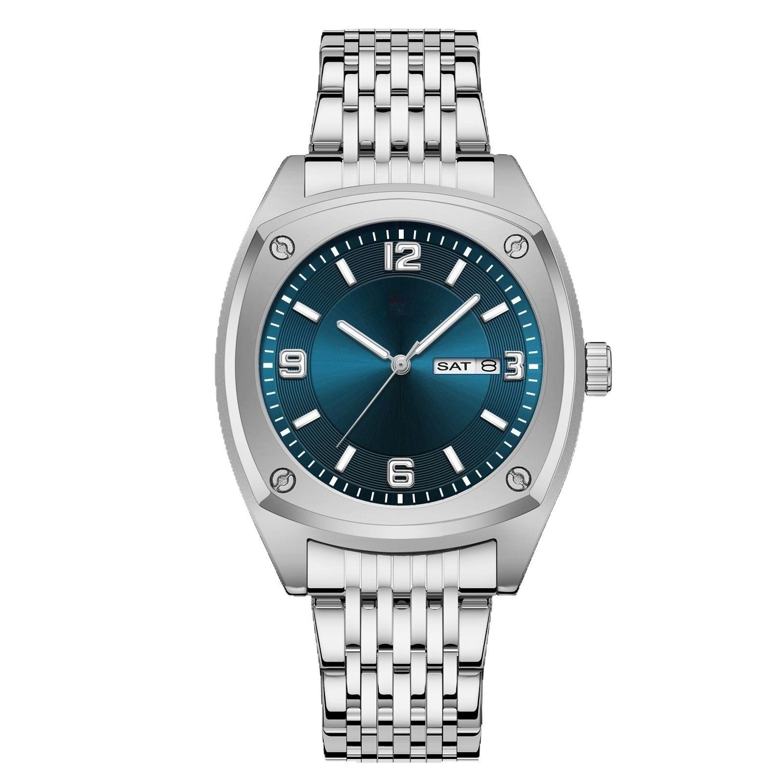 

Мужские часы из нержавеющей стали, деловой стиль, календарь, кварцевый механизм, бочкообразный корпус, повседневные спортивные наручные часы