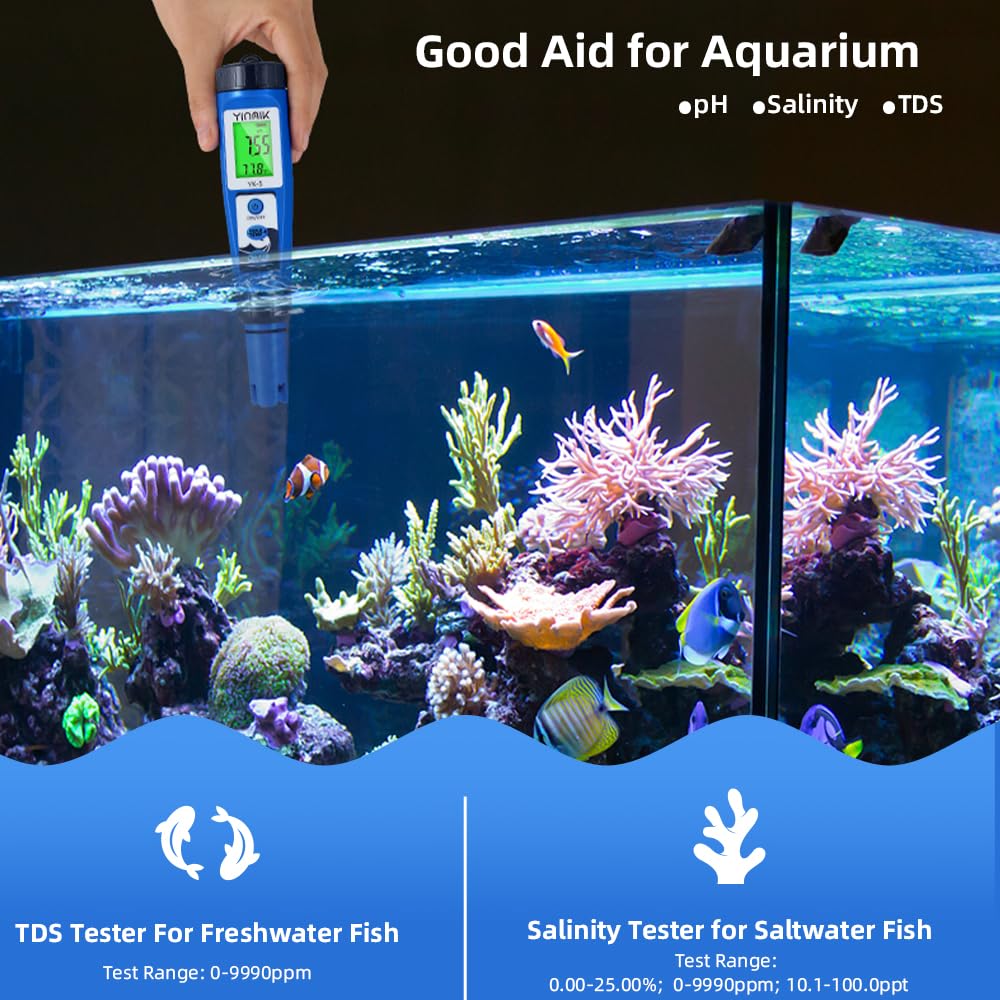 pH Salt Meter 5 in 1 pH TDS EC Salinity Tester for Pool Spa Aquarium Hydroponic Saltwater Digital pH and PPM Tester for Household Drinking Water Hot