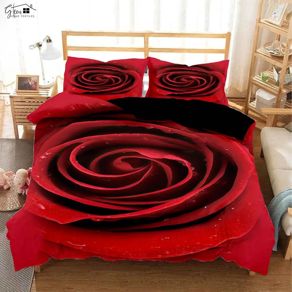 Czarna Retro Czerwona Róża Drukowana 3D Poszewka na Kołdrę Styl Pasterki Zestaw Pościeli Walentynkowej Poszewka na Poduszkę Poszewka na Kołdrę Zestaw Trzyczęściowy