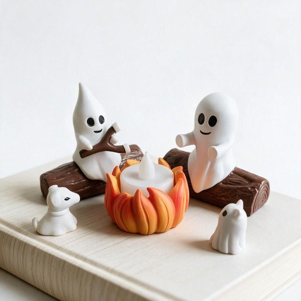 5PCS Resin Ghost Bonfire Ornament Set LED Candle Ghost Campfire Flickering Ornament Desktop