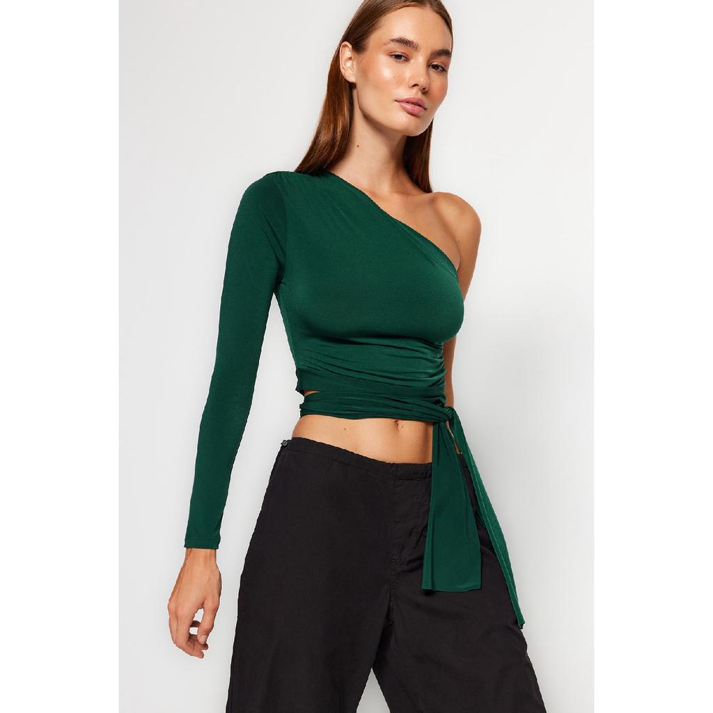 Claret Red Slim Tie Detailed Single Sleeve Crop Stretchy Knitted Blouse Twoaw23bz00094