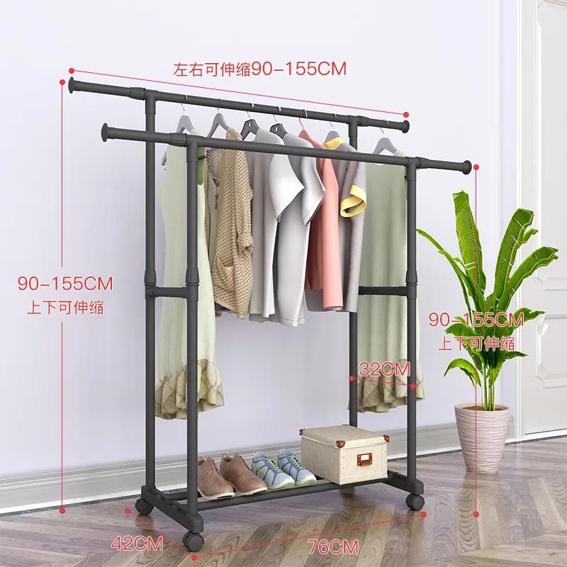 Double Pole Coat Rack Simple Reinforced Steel Frame Clothing Rack Bedroom Mobile Drying Rack Minimalist Floor Clothes Hanger