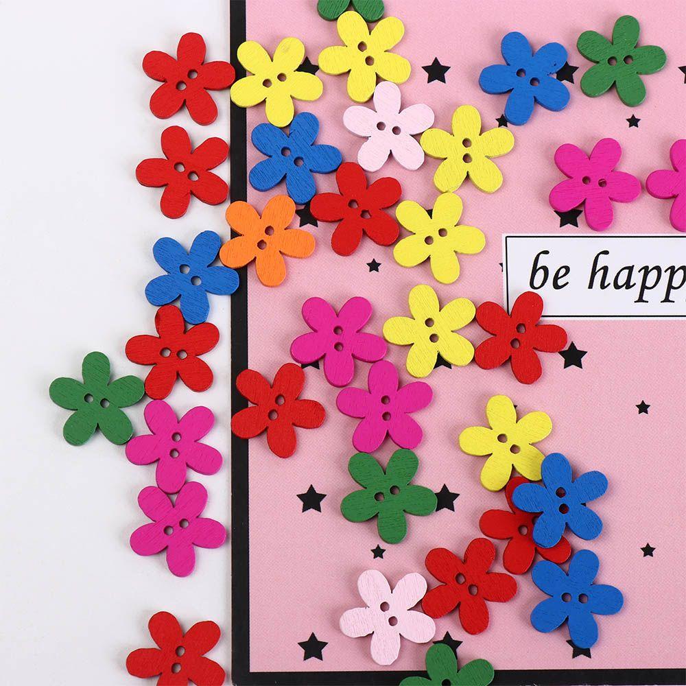 100pcs Overcoat Flower Shaped Flower Wooden Button Flat-back 2 Holes Clothing Button Colorful Cute Sewing Button Clothing Sewing