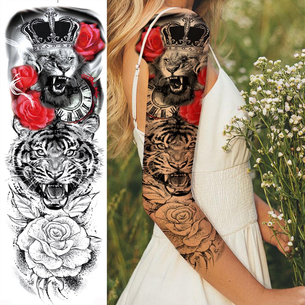 1 Sheet Full Arm Sleeve Temporary Tattoos For Women Girls Fake Flower Compass Peony Rose Tattoo Sticker Sexy Body Art Painting