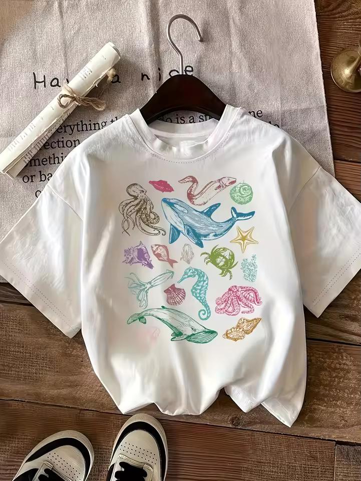 Vintage Sea Creatures Print T-Shirt Women Summer Short Sleeve Graphic Tee Marine Life O-Neck Tops Casual Fashion Women Clothing