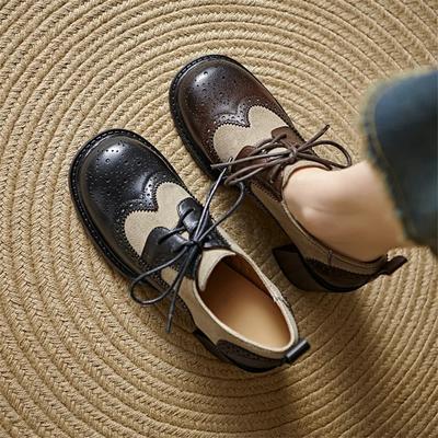 Fashion 2025 New Spring/autumn Brogue Designs Cow Leather Woman Shoes Round Toe High Heel Women Pumps Shoes for Women Fashion Loafers