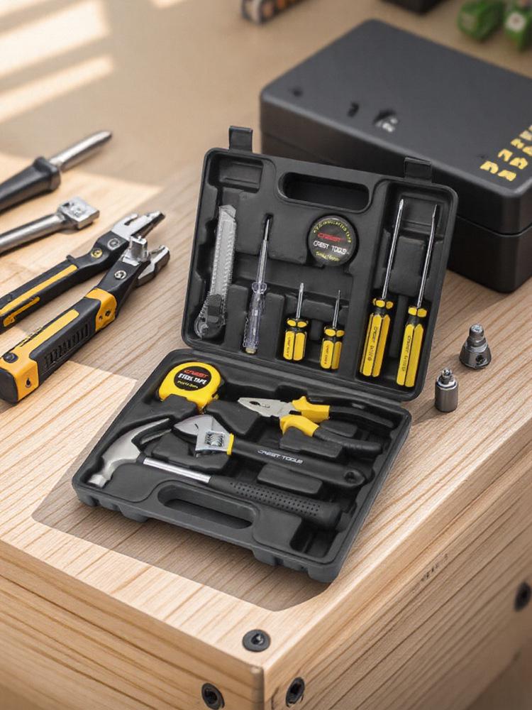 Household Repair Tool Set: Pliers, Hammer, Wrench, Combination Box
