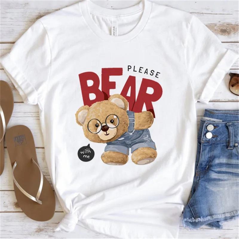 Cute Bear Print Shirts White Fashion Women T-Shirts Harajuku Kawaii Clothes Short Sleeve Summer Tees Casual Female Tops O-Neck