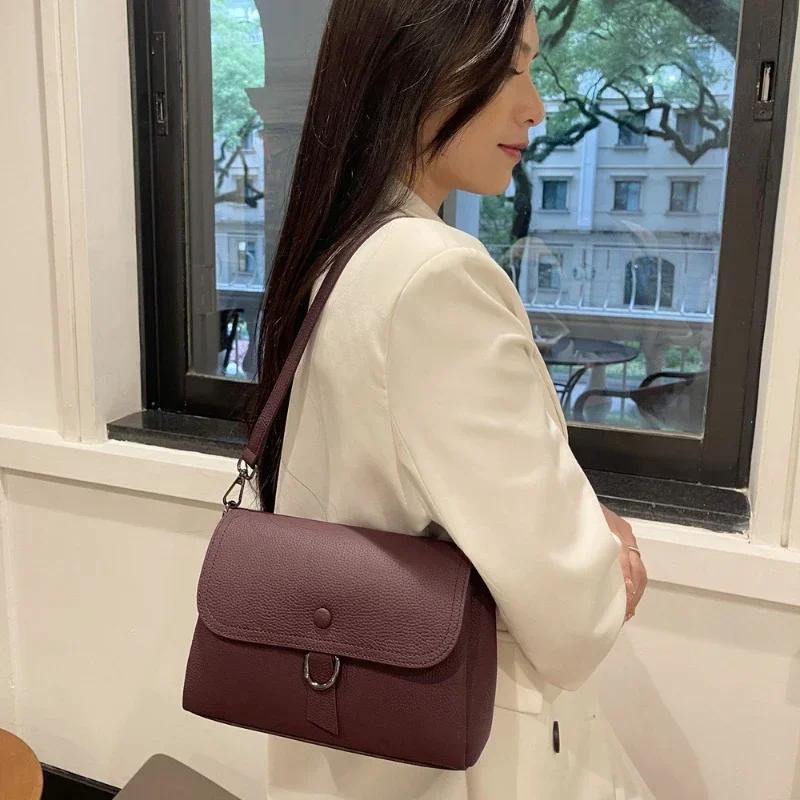 Women's Genuine Leather Luxury Underarm Bag Square Handbag Solid Versatile Real Cowhide Multi Compartment Single Shoulder Bag