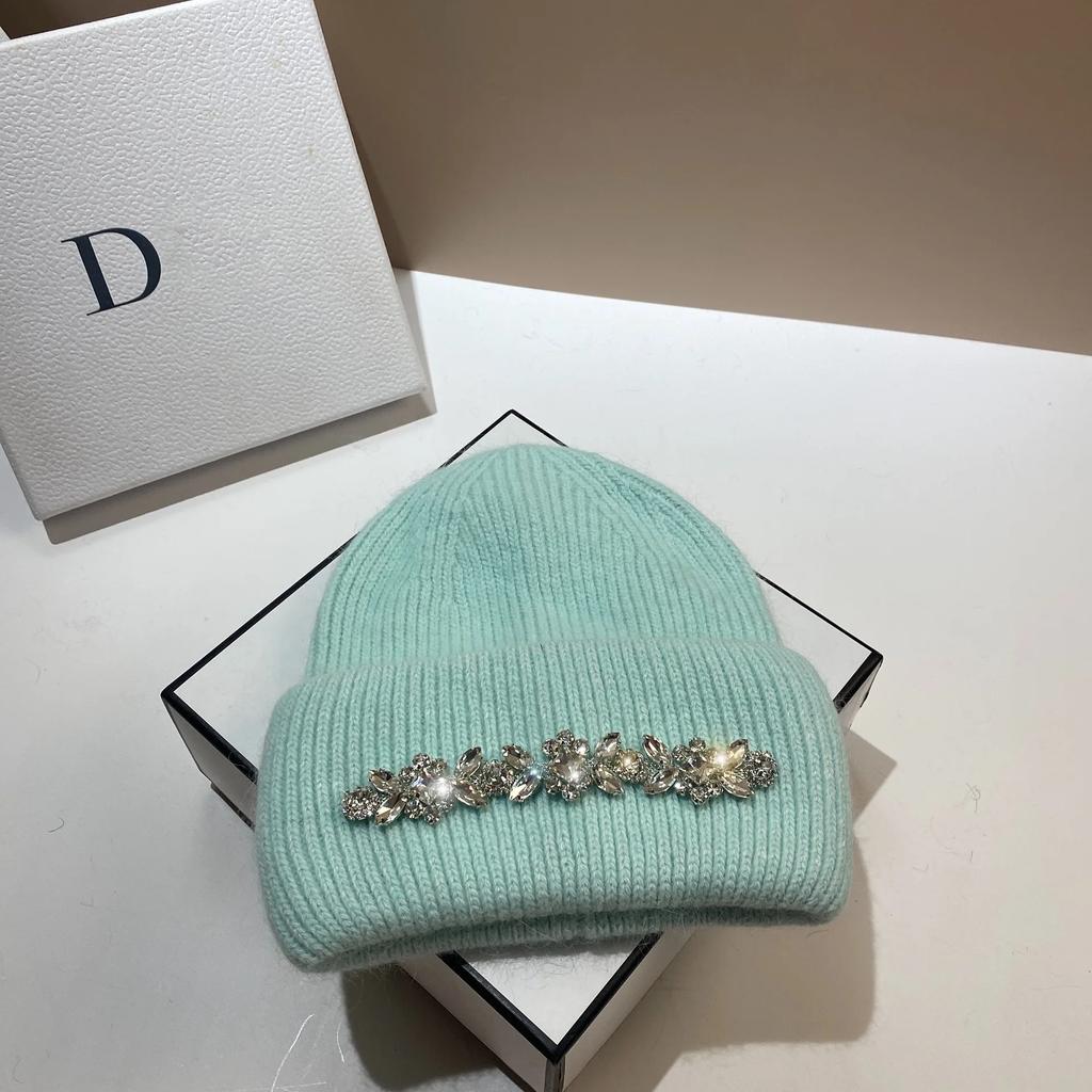2024Mode Damen Wintermütze Echtes Kaninchenfell Gestrickte Mützen Diamanten Blume Damen Freizeit Hüte Warme Wolle Skullies Beanies