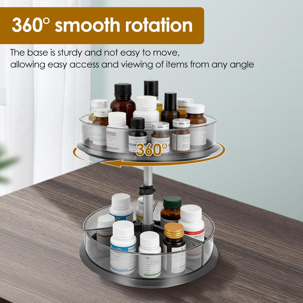 2 Tier 360° Rotating Storage Rack Adjustable Height Pill Bottle Organizer Transparent Seasoning Bottle Storage Rack for Kitchen