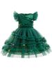 Colorful Pompoms Christmas Dress for Girls Flying Sleeve Tutu with Bow Knot Mesh Xmas Party Pageant Costume