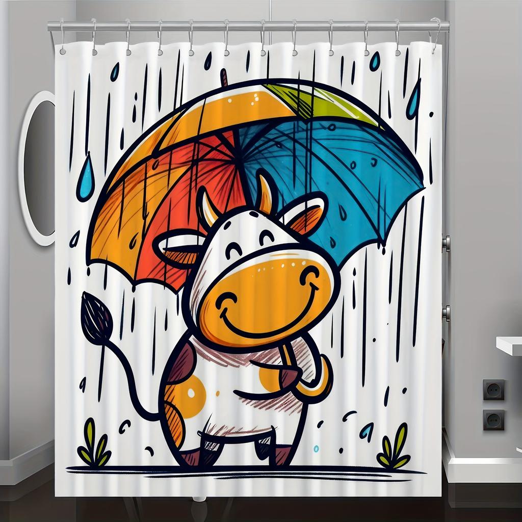 Tenda da Doccia con Stampa Digitale a Motivo Mucca con Ombrello, Decorazione per Bagno Casa, Tessuto in Poliestere Intrecciato Reversibile per Quattro Stagioni