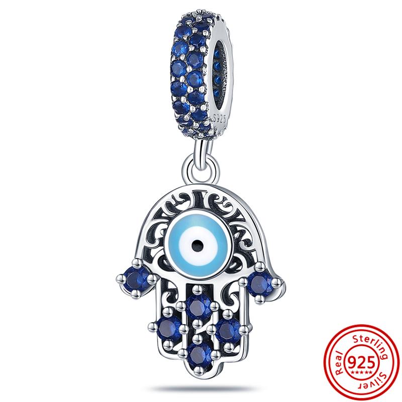 Authentischer S925 Sterling Silber Anhänger mit blauen Dämonenaugen, Palmen-Serie, runde Perlen, passend für originale Charms-Armbänder, Damenschmuck
