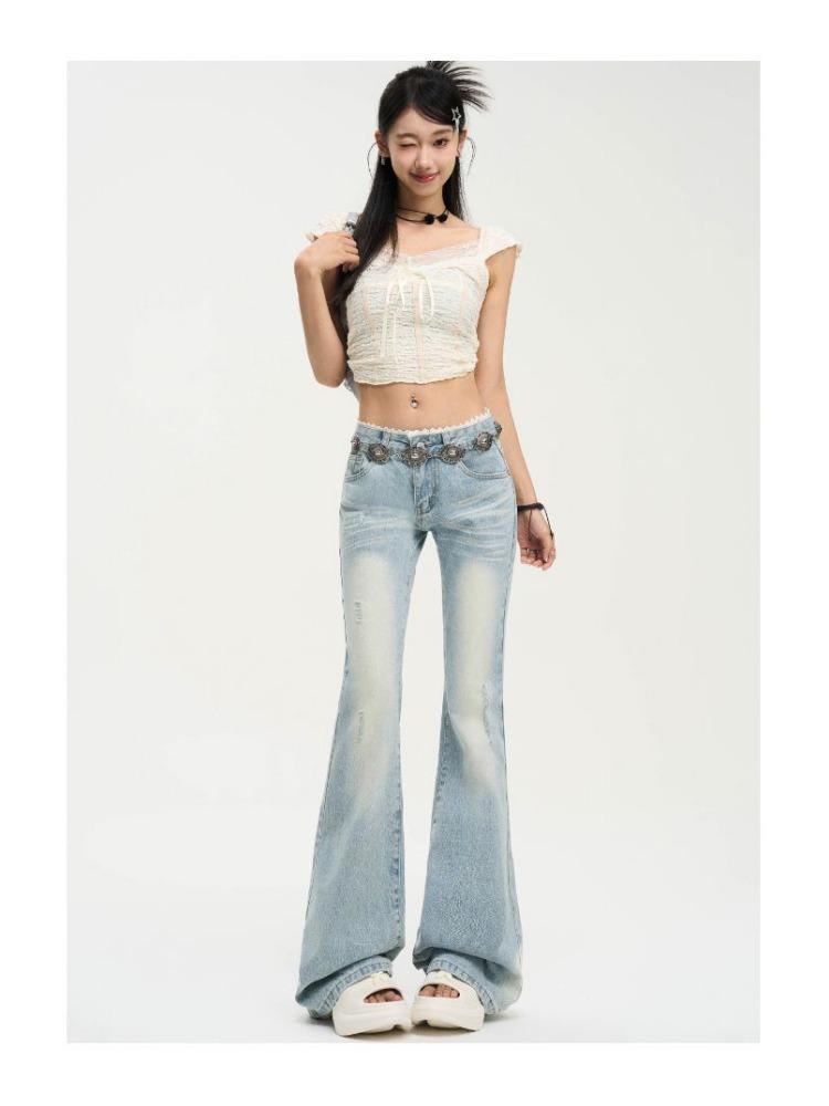 Lace Big Yards Light Blue Micro Flare Jeans Female Lace Low Waist Not Sticky Legs Skinny Straight Trousers Jeans for Women Long Denim Pants