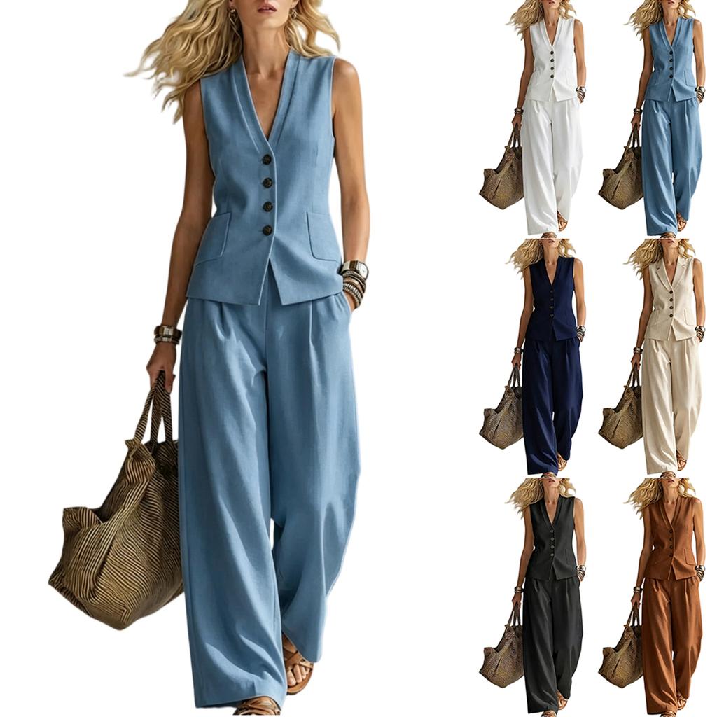 Women's Sleeveless Linen Vest and Wide Leg Pants Set Casual Summer Outfit Lightweight Breathable Fabric Relaxed Fit Two Piece