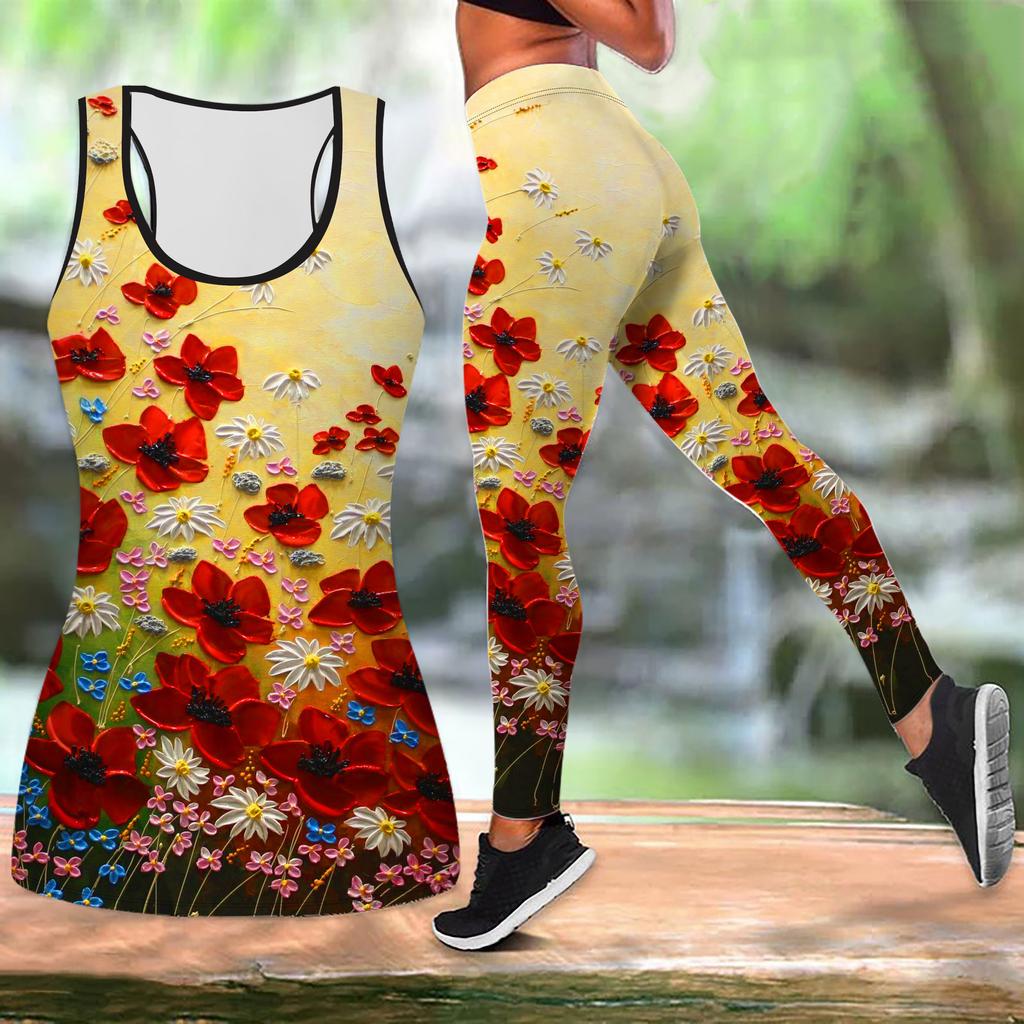 Green Wild Flowers Print Yoga Outfit for Women Fashion Workout Leggings Fitness Sports Casual Yoga Set Sports Suit
