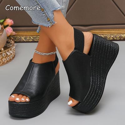 Fish Mouth Chunky Platform Sandals for Women Thick Sole Wedge Sandals with Elastic Band Summer Fashion High Heel Sandalias Mujer