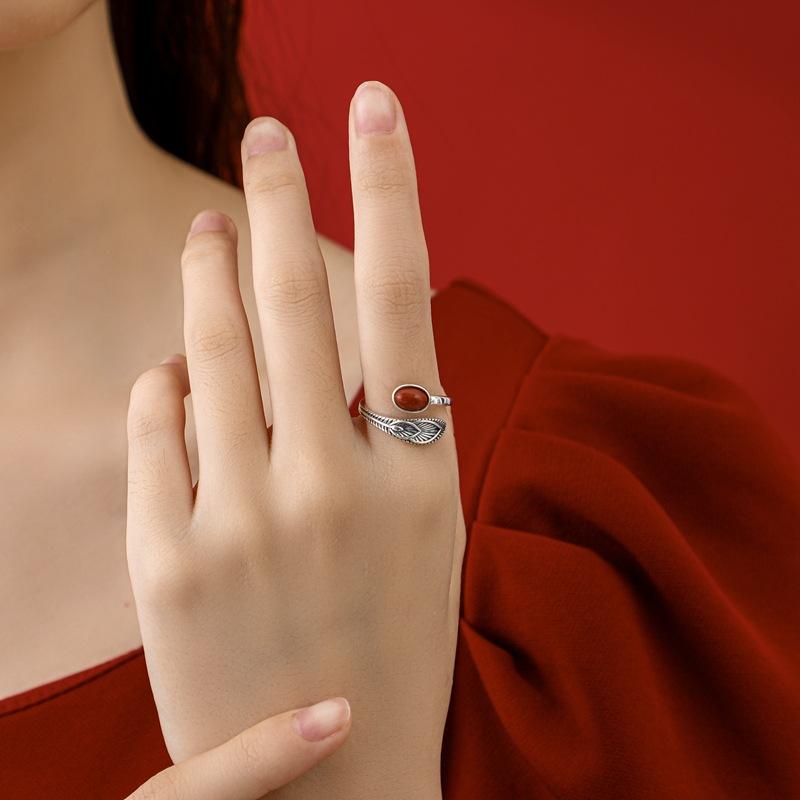 Feather Crystal CopperRing Amazon Agate Gemstone South Red Agate European Trends Noble Banquet Gift Women Ladies