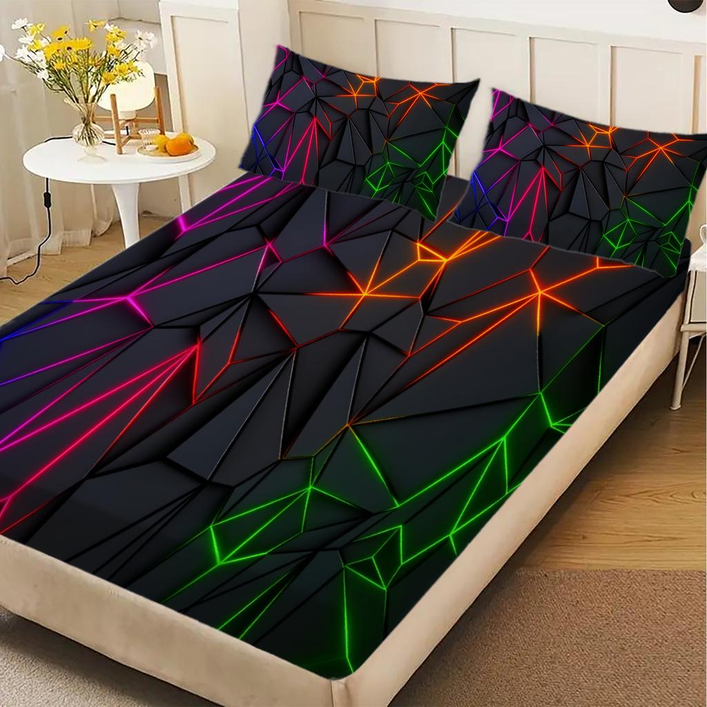3PCS Multi-color Fitted Sheet Gemoetric Fragment Printed Flat Sheet Set With Pillowcases No Filling Cool Vivid Visual Style