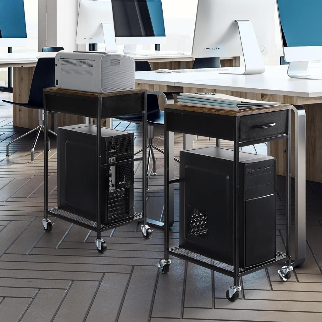 Rolling PC Tower Stand with Wheels - 2 Tier CPU Holder & Storage Drawer, Mobile Cart for Home/Office (Rustic Brown)