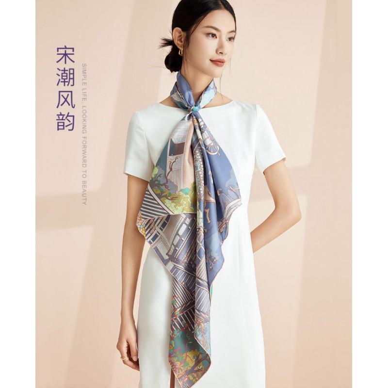 100% Mulberry Silk Square Scarf Double-sided Print Light Luxury Shawl Women Mom Fashion Accessory