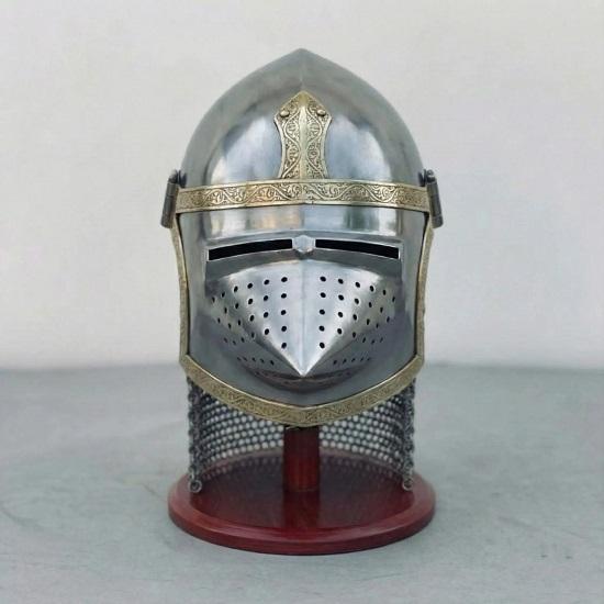 Medieval Knight Steel Pig Face Bascinet Helmet With Chainmail Cosplay Roleplay