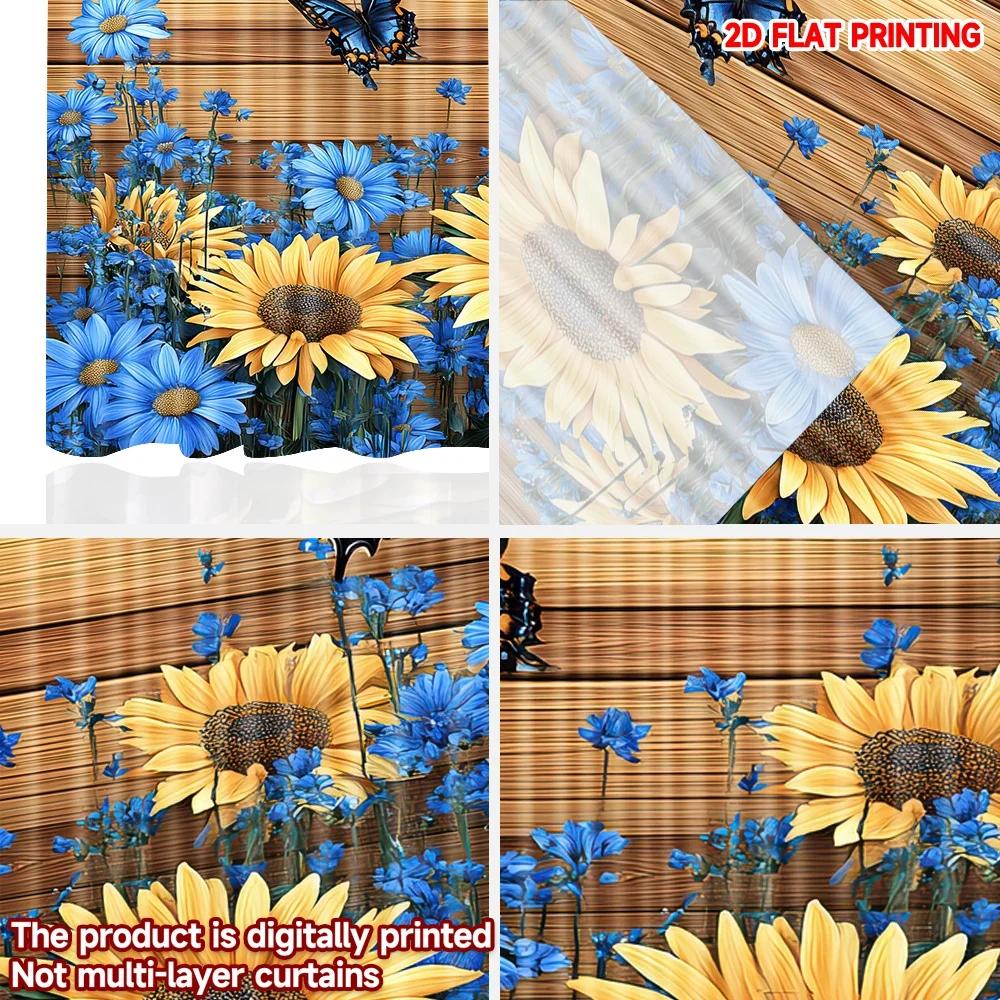 Set Of 2 Modern Butterfly Sunflower Curtains Flat Digital Printing Blue Yellow Floral Pattern Window Drapes Living Room Bedroom Curtain Polyester