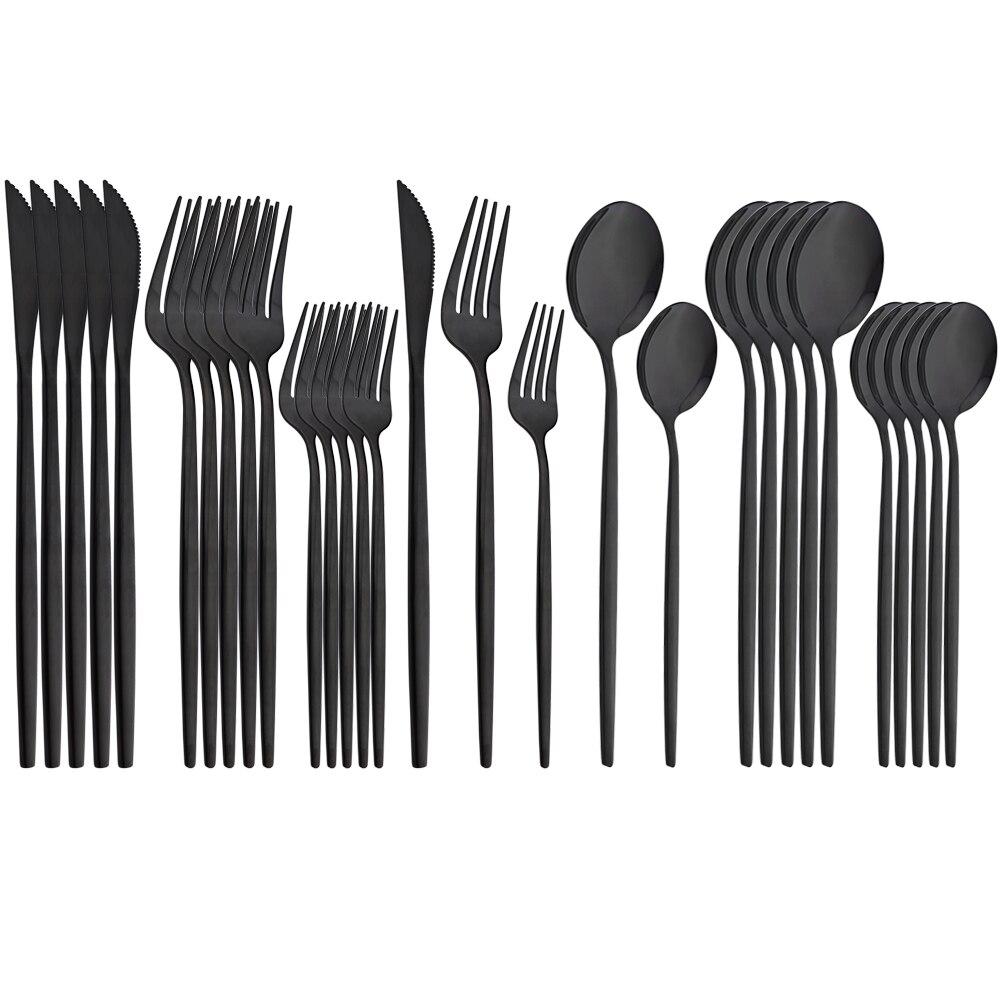 Mirror Dinnerware Set Stainless Steel 30Pcs Black Gold Tableware Knife Fork Spoon Dinner Set Cutlery Spoon Dessert Flatware Set