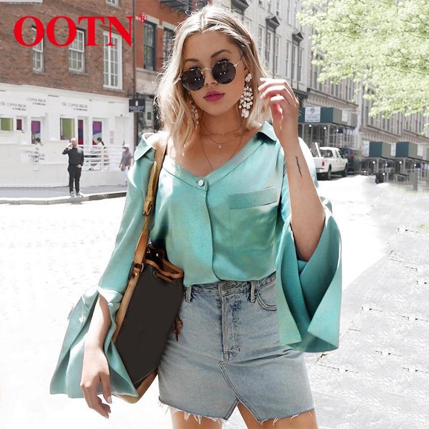 Buy OOTN Flare Sleeve Satin Blouse Sexy 