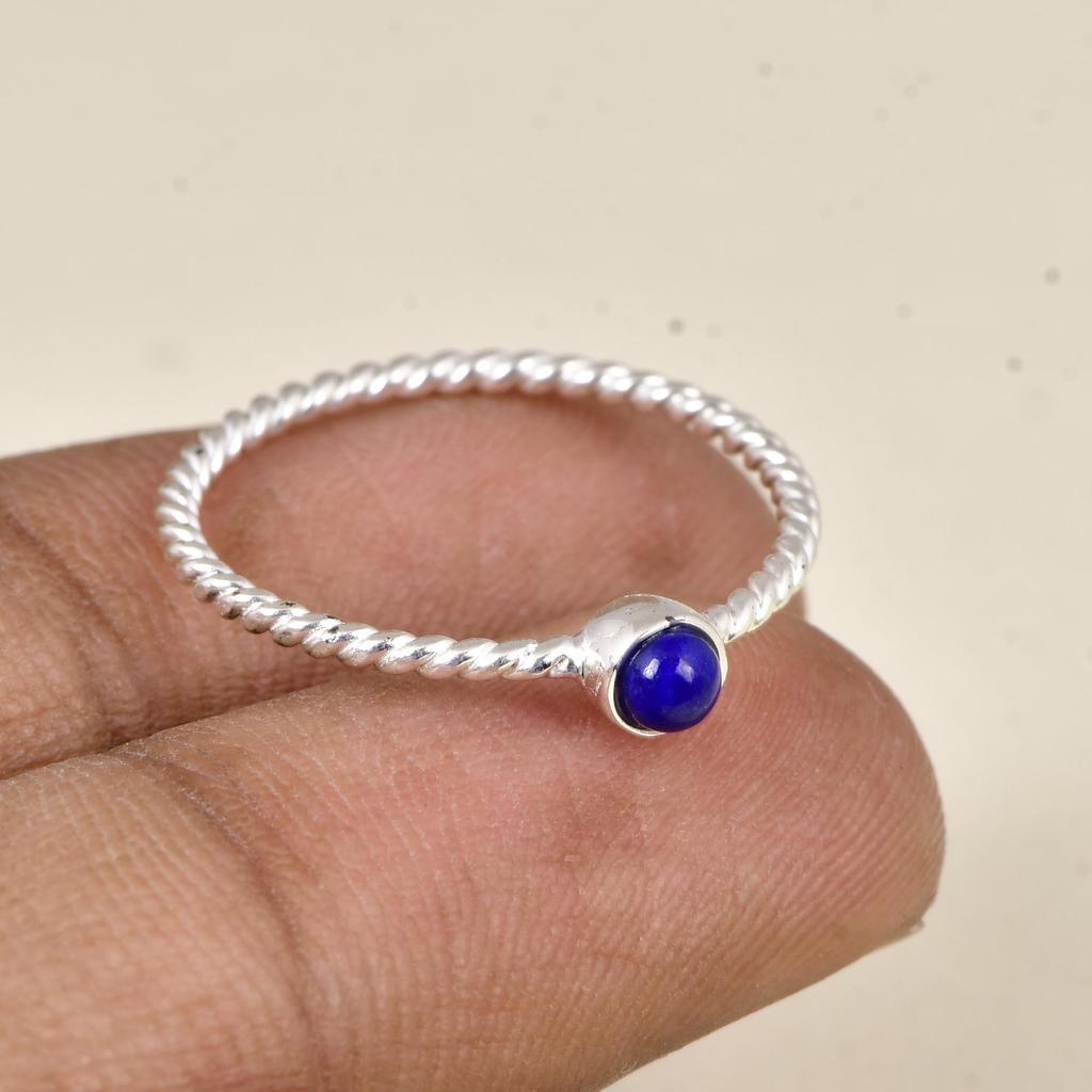 Natural Lapis Lazuli Ring, 925 Sterling Silver Ring, Minimalist Dainty Gemstone Ring Stackable Thin Twisted Band Handmade Jewelry Gift for Women
