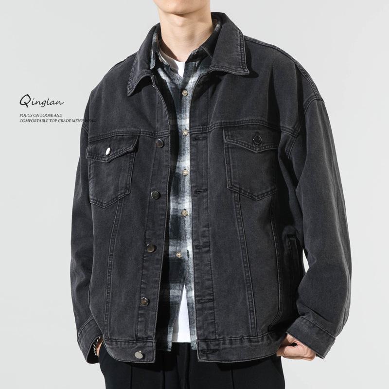 Svart denimjakke Herre Løs Casual Pluss Stor Størrelse Fet Ser Tynn Trend Grunnleggende Allsidig Jakke Vår